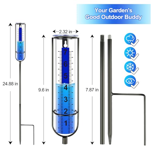 Uponer Rain Gauge Outdoor, 3rd Upgraded Freeze Proof Rain Gauge with Thicken Plastic, Large Numbers, 7" Rain Gauge Outdoor Best Rated, Adjustable Height with Stake, Measures Yard, Garden, Lawn, Patio