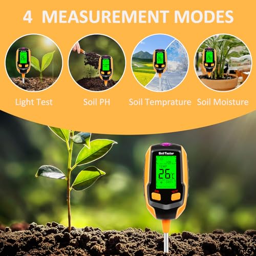 4-in-1 Soil Moisture Meter Digital Plant Temperature/Soil Moisture/PH Meter/Sunlight Intensity/Environment Humidity Backlight LCD display Soil Test Meter for Gardening, Farming and Outdoor Plants