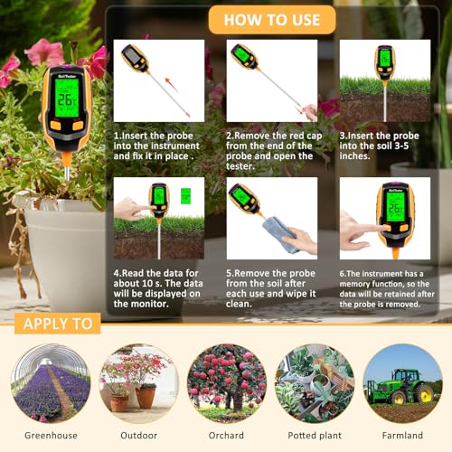 4-in-1 Soil Moisture Meter Digital Plant Temperature/Soil Moisture/PH Meter/Sunlight Intensity/Environment Humidity Backlight LCD display Soil Test Meter for Gardening, Farming and Outdoor Plants