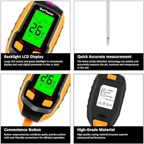 4-in-1 Soil Moisture Meter Digital Plant Temperature/Soil Moisture/PH Meter/Sunlight Intensity/Environment Humidity Backlight LCD display Soil Test Meter for Gardening, Farming and Outdoor Plants