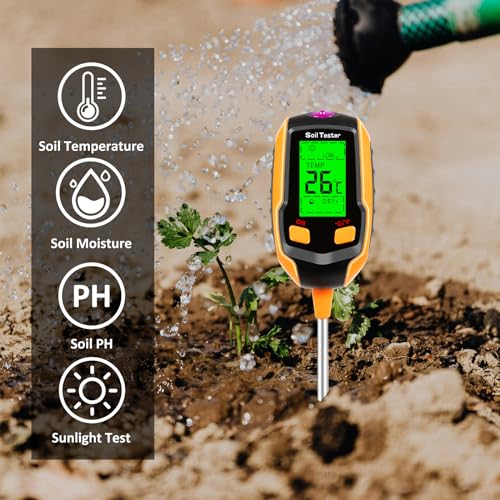 4-in-1 Soil Moisture Meter Digital Plant Temperature/Soil Moisture/PH Meter/Sunlight Intensity/Environment Humidity Backlight LCD display Soil Test Meter for Gardening, Farming and Outdoor Plants
