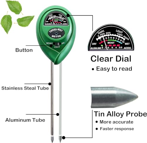 Suplong 3-in-1 Soil Moisture Meter, Upgraded Stainless Steel Probe Soil pH/Light/Moisture Meter for Plants, Soil Tester for Garden, Farm, Lawn, Indoor & Outdoor (No Battery Needed)(Green)