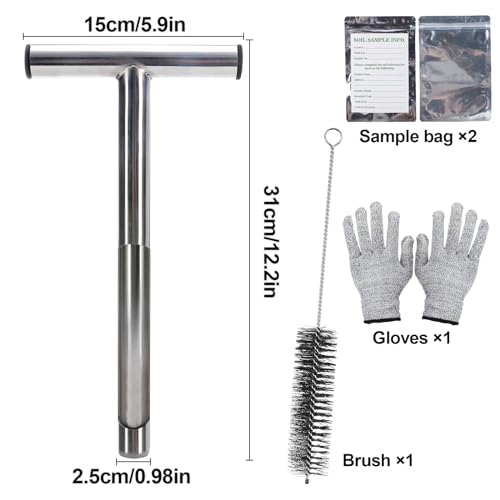 Beeplove 12in Thickened Soil Sample Probe, Sturdy 304 Stainless Steel T-Style Handle Soil Test Kits, Durable Soil Sampling Tools for Garden Farm Lawn Care Maintenance