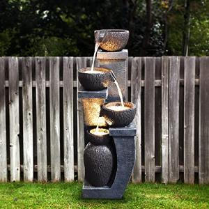 Supmix 37.4”H Water Fountain Outdoor 4- Crocks Modern Garden Fountains LED Lighted Floor Fountain Natural Polyresin Decor for Garden, Patio, Backyard Ard and Home Art DéCor