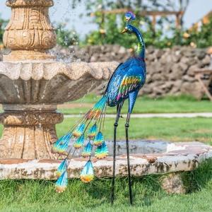 TERESA'S COLLECTIONS Outdoor Decor Peacock Yard Art Garden Sculptures & Statues,Blue Large Metal Bird Lawn Ornaments,35inch Outside Decor for Porch Patio Pool Backyard Decor,Gifts for Father Dad