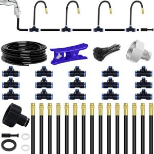 49.21Ft Bendable Drip Irrigation Kit 360°Adjustable Automatic Watering System + 15 Upgraded T-Joints + 15 Misting Nozzles + Faucet Adapter + Install Adapters for Garden Flower Bed (45PCS)