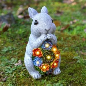 FORUP Solar Garden Outdoor Statues, Bunny Garden Statue with Succulent, Resin Rabbit Figurine Garden Lawn Ornaments with 8 LED Lights, Rabbit Statue for Outdoor Lawn Yard Garden Decorations