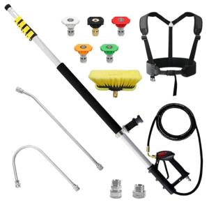 janz Aluminum 24 FT Telescoping Pressure Washer Wand with Pressure Washer Extension Wand,Gutter Cleaner Attachment, 5 Spray Nozzle Tips, 2 Hose Inlet Adapters and Support Harness