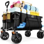 Uyittour Collapsible Folding Wagon Cart Heavy Duty Foldable, Beach Wagon with Big Wheels for Sand, Utility Grocery Wagon with Side Pocket and Brakes for Camping Sports Outdoor Activities, Black