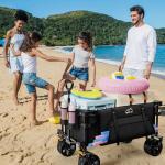Uyittour Collapsible Folding Wagon Cart Heavy Duty Foldable, Beach Wagon with Big Wheels for Sand, Utility Grocery Wagon with Side Pocket and Brakes for Camping Sports Outdoor Activities, Black
