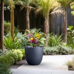 Kante 18 Inch Dia Round Concrete Planter, Indoor Outdoor Large Plant Pot with Drainage Hole and Rubber Plug for Home Patio Garden, Charcoal