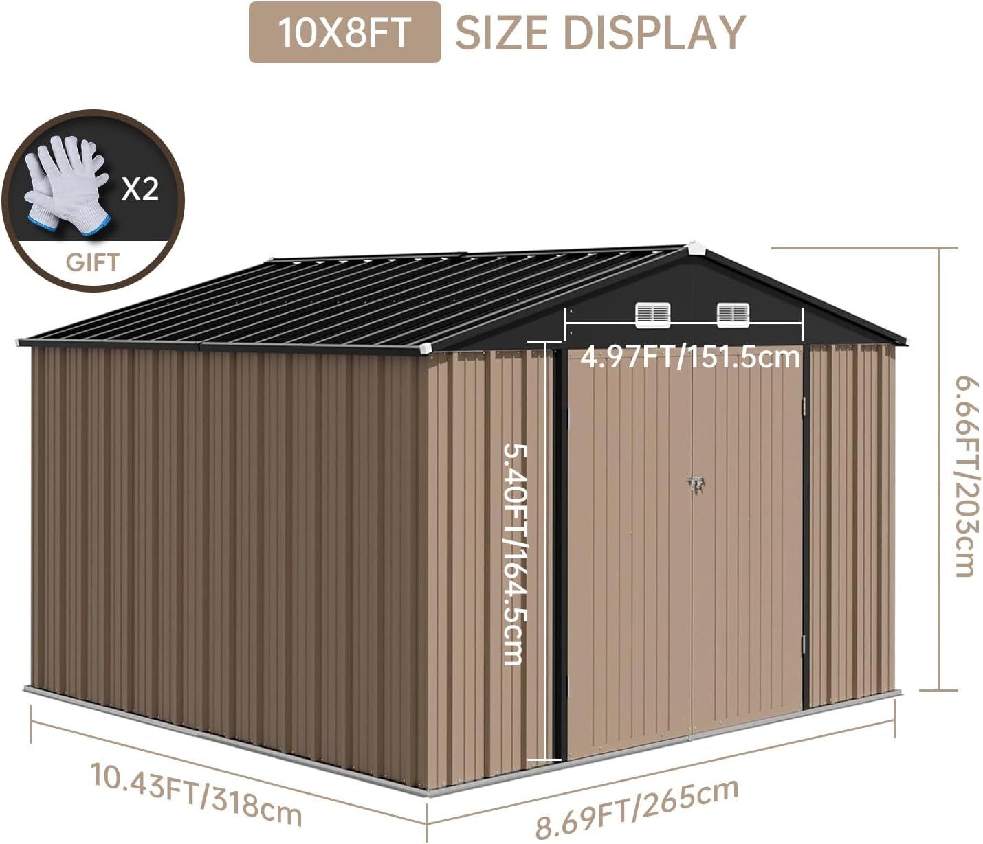 10x8 FT Metal Outdoor Storage Shed with Lockable Doors