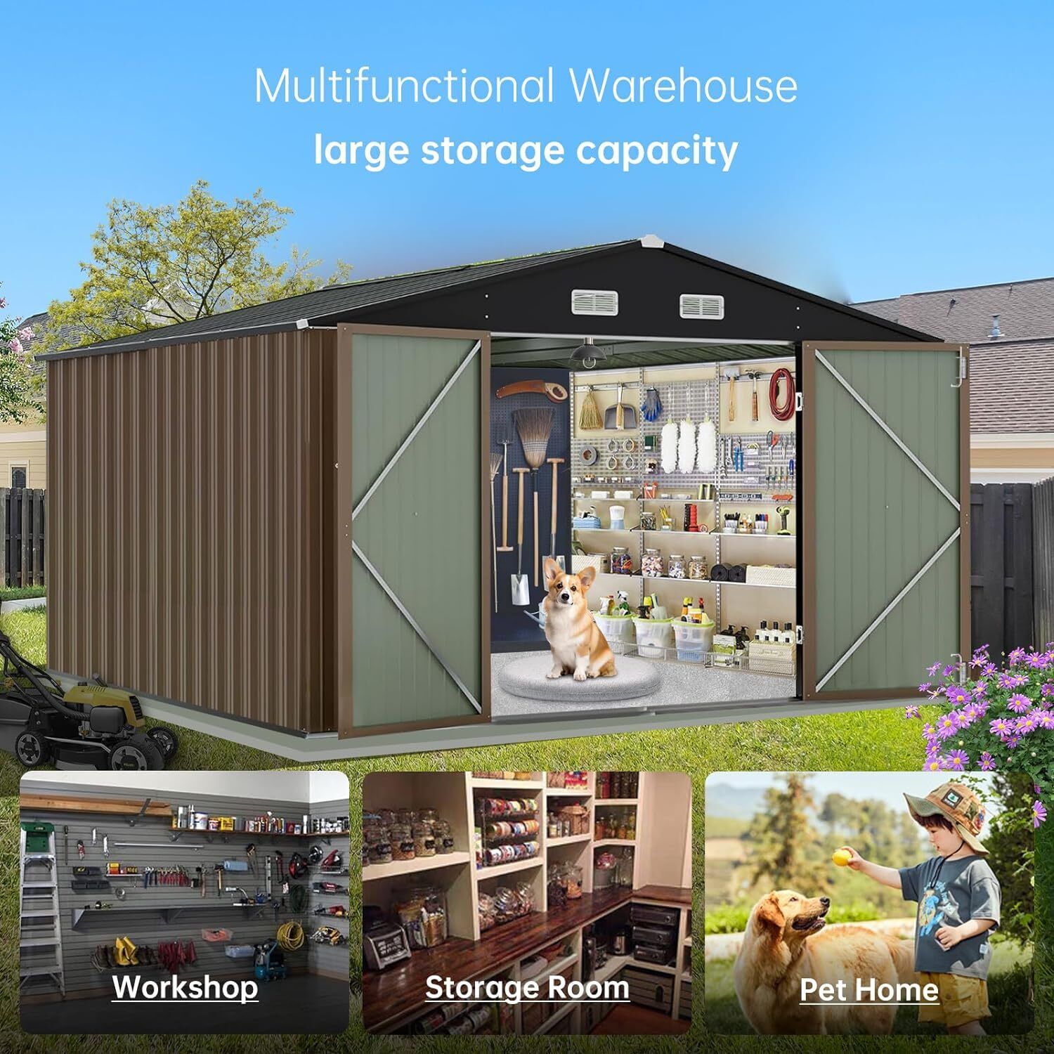 10x8 FT Metal Outdoor Storage Shed with Lockable Doors