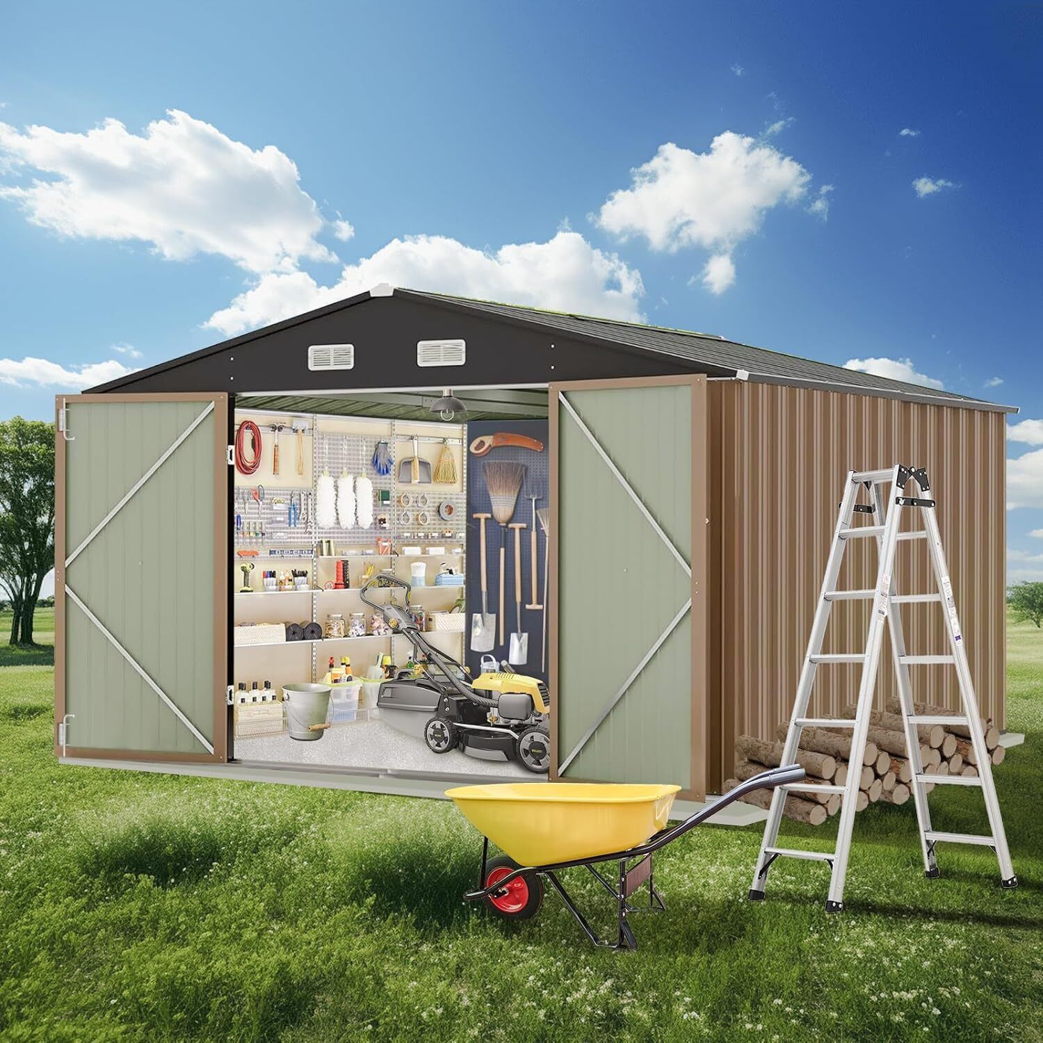 10x8 FT Metal Outdoor Storage Shed with Lockable Doors