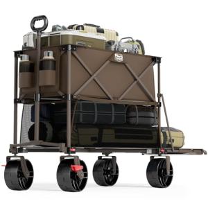 TIMBER RIDGE 400L Large Capacity Folding Double Decker Wagon, 54" Extra Long Extender Wagon Cart, 450lbs Heavy Duty Collapsible Wagon, All-Terrain Big Wheels for Camping, Sports, Shopping, Brown