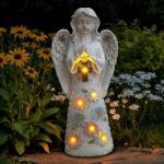 Voveexy Angel Garden Figurine Outdoor Statue, Solar Garden Sculpture with 7 LEDs Welcome Sign Resin Praying Angel Art Decor for Patio Lawn Yard Porch Decoration, Housewarming Gift