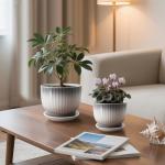 Ceramic Pots for Plants, 5.5+6.7 Pots for Indoor Plants with Drainage and Separable Saucer, Indoor Plant Pots, Gray White Ceramic Planter, Flower Pots Set of 2 （Gray + White, Plants NOT Included）