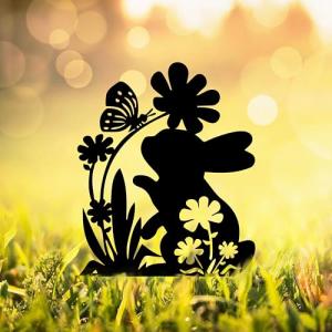 Ecqizer Bunny Garden Statues Metal Rabbit Yard Art Outdoor Clearance Black Rabbit Decor Silhouett Animals Stake Garden Decorations Outdoor Garden Statue for Lawn and Yard Decor Ornaments