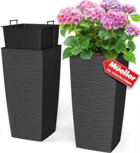 Mueller M-Resin Heavy Duty Tall Planter, Indoor/Outdoor Grande Plant, Tree, Flower Pot, 2-Piece Set, 24”, Modern Design, Built-in Drainage, Dark Gray