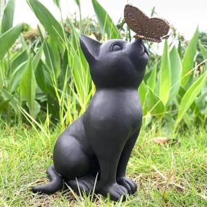 Arecyuer Cat Statue Garden Outdoor Decor, Cat with Butterfly Garden Statues, Outsides Decorations Gift for Cat Lovers Gardeners, Ornament Gift for Patio, Yard, Lawn, Porch & Home (Black)
