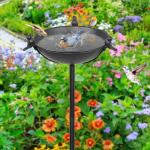 YALINKA 58In Freestanding Birdbaths Bowl Outdoor, Free Standing Garden Bird Bath Feeder Bowl with 3 Bird Statues, Birdbath & Birdfeeder with Metal Stake Garden Yard Lawn Decor (Black)