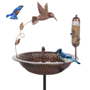 giole Vintage Bird Bath Outdoor, 13'' Dia Metal Bird Bath Bowl with Garden Stake Bird Feeder, Birdbath Standing with Hummingbird Decor for Patio, Lawn, Yard