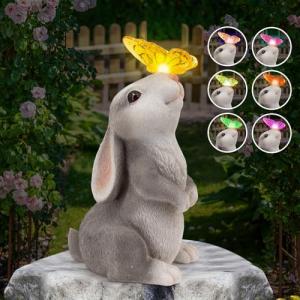 Solar Garden Outdoor Statues Bunny with Butterfly Changing Lights for Garden-Outdoor Lawn Decor Garden Rabbit Statue for front yard decorations outdoor, Lawn Ornament - Unique Housewarming Gifts