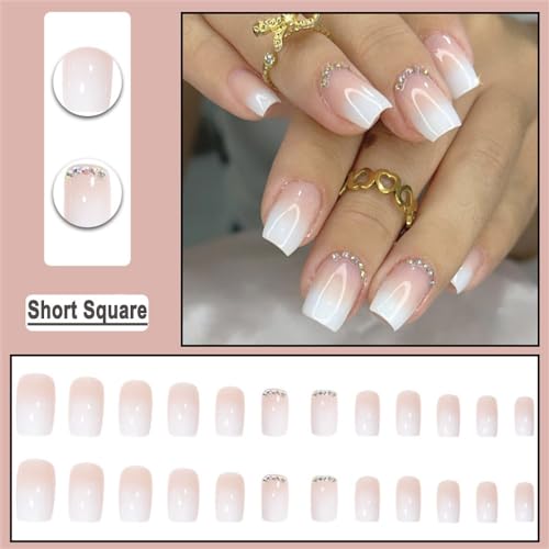 Ombre Nude Pink White Square Rhinestone Fake Nails