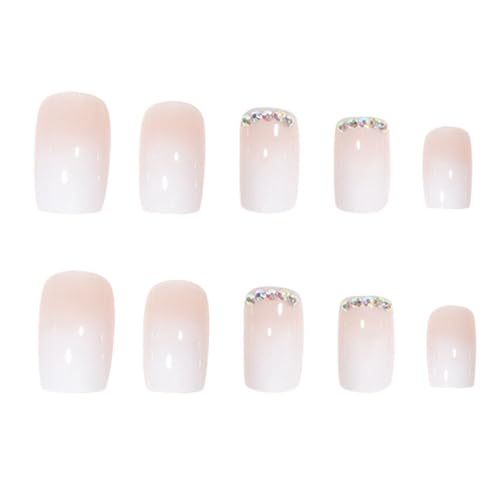 Ombre Nude Pink White Square Rhinestone Fake Nails