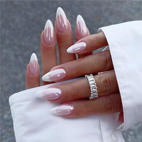 French Tips Fake Nails Almond Chrome Press ons