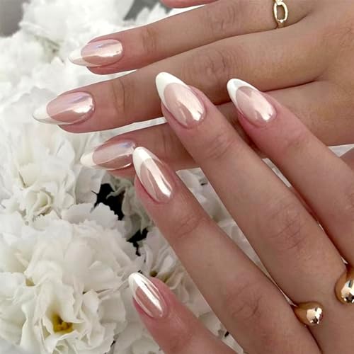 French Tips Fake Nails Almond Chrome Press ons