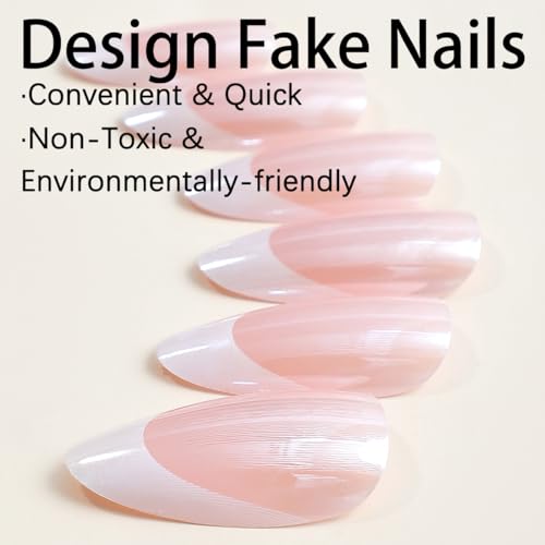 French Tips Fake Nails Almond Chrome Press ons