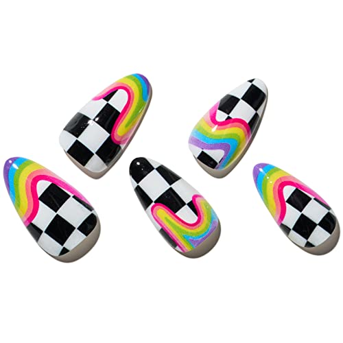 Rainbow Checkerboard Glue-On False Nails Set for Women