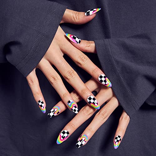 Rainbow Checkerboard Glue-On False Nails Set for Women