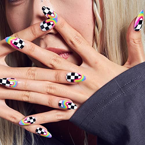 Rainbow Checkerboard Glue-On False Nails Set for Women