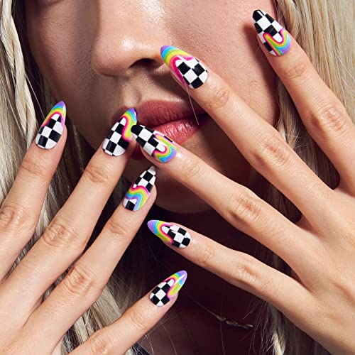 Rainbow Checkerboard Glue-On False Nails Set for Women