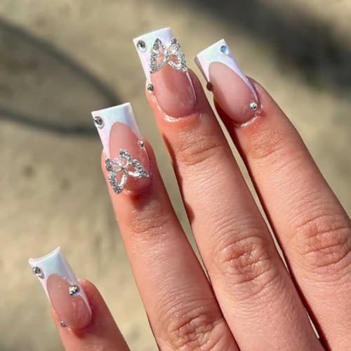 White Rhinestone Press on Nails, Medium Long Square