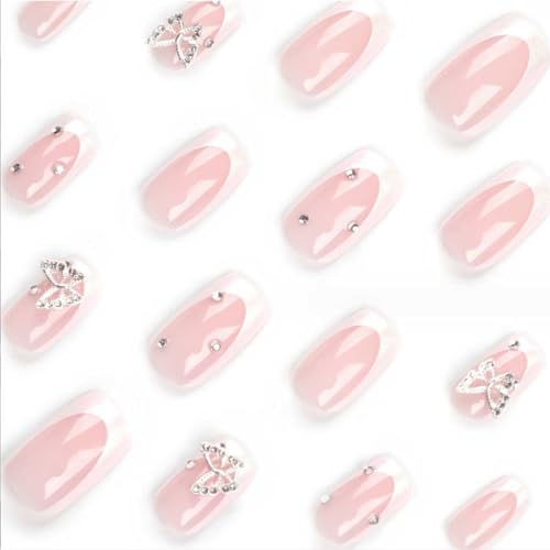 White Rhinestone Press on Nails, Medium Long Square