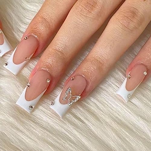 BABALAL Butterfly Rhinestone White French Tip Press-on Nails