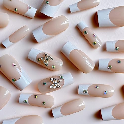 BABALAL Butterfly Rhinestone White French Tip Press-on Nails