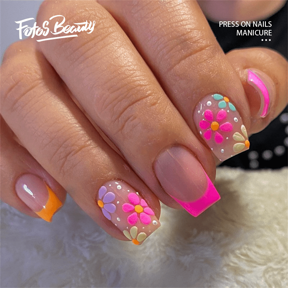 Fofosbeauty 24pcs Press-on False Nails, Square Colorful Flowers
