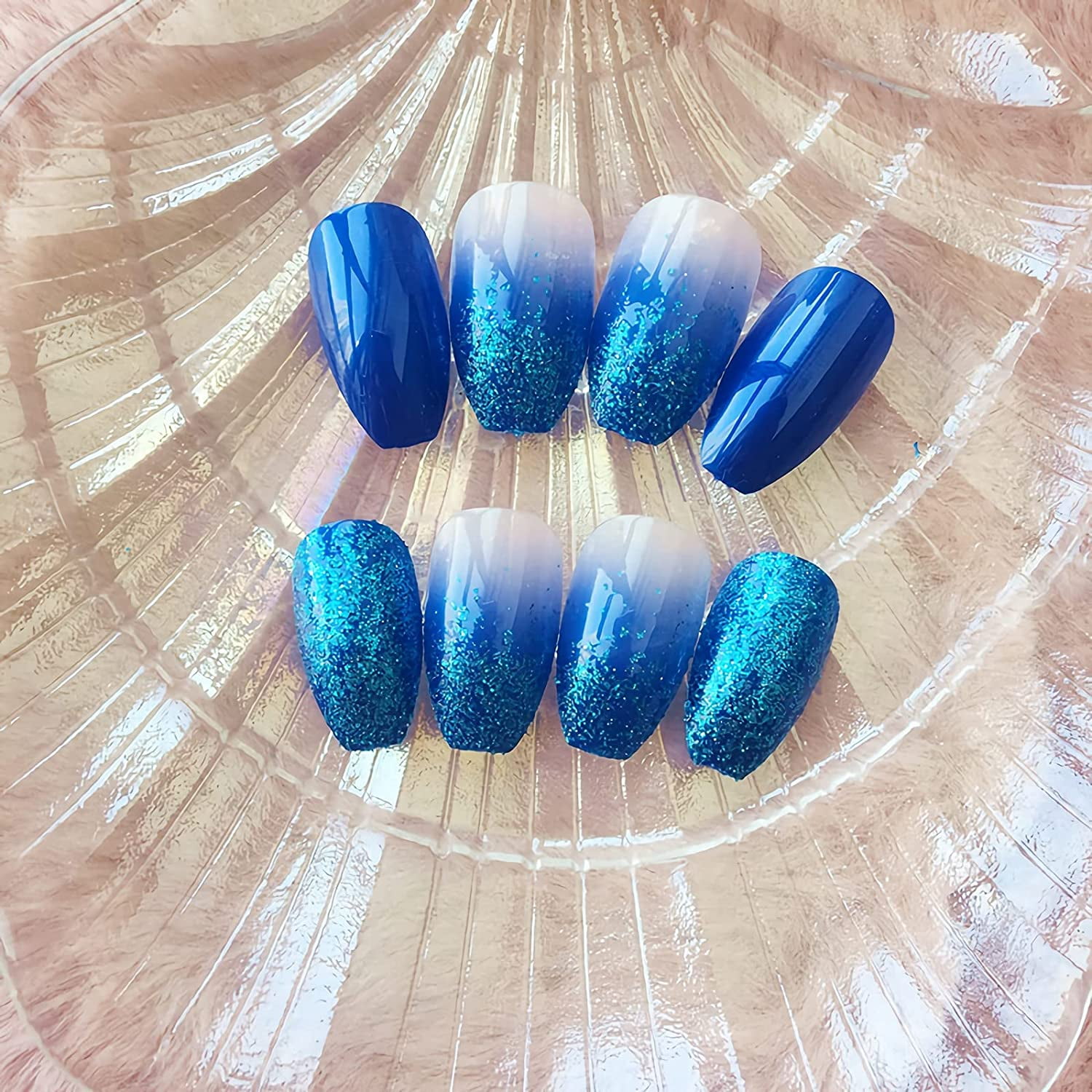 Blue Gradient Glitter Coffin Nails for Women & Girls