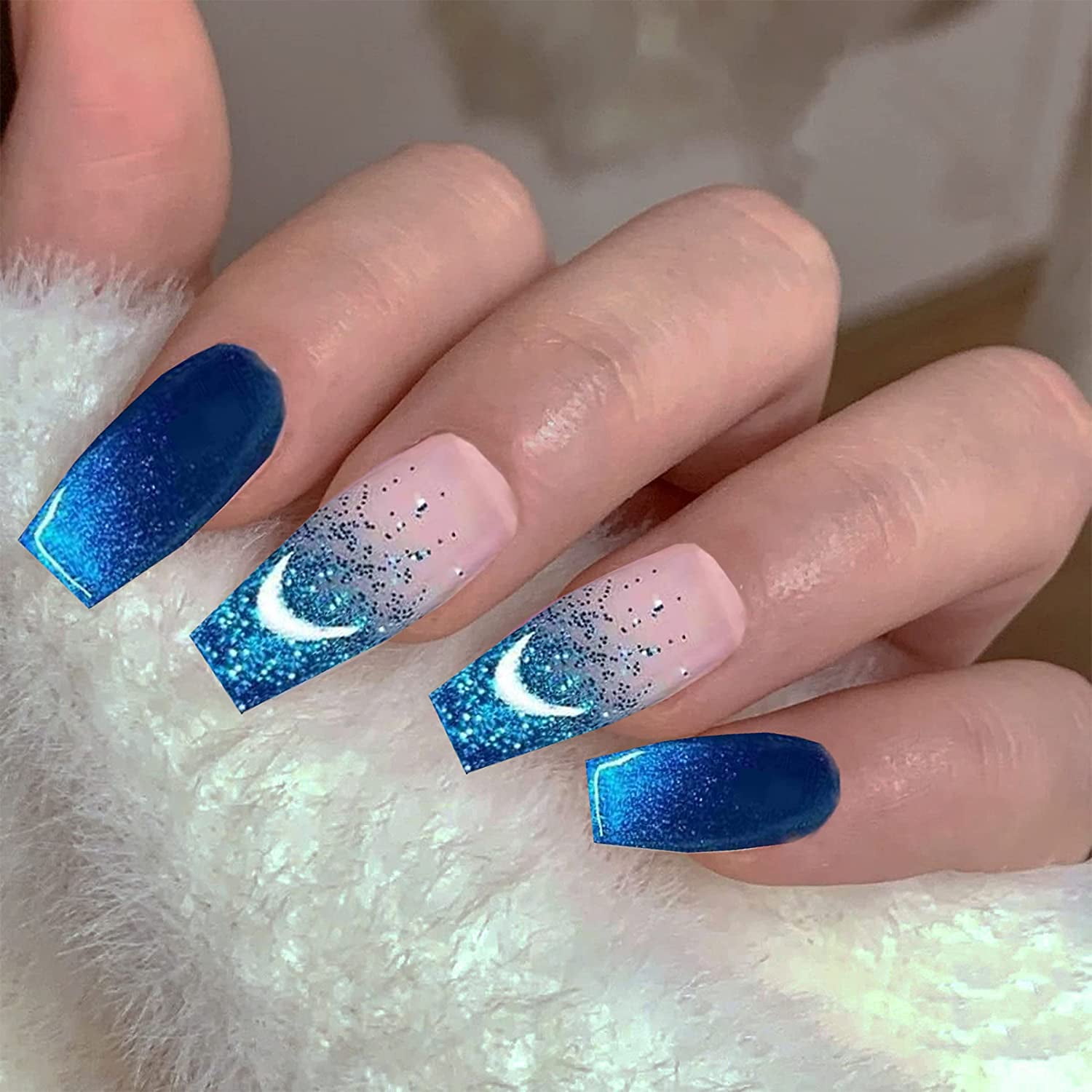 Blue Gradient Glitter Coffin Nails for Women & Girls