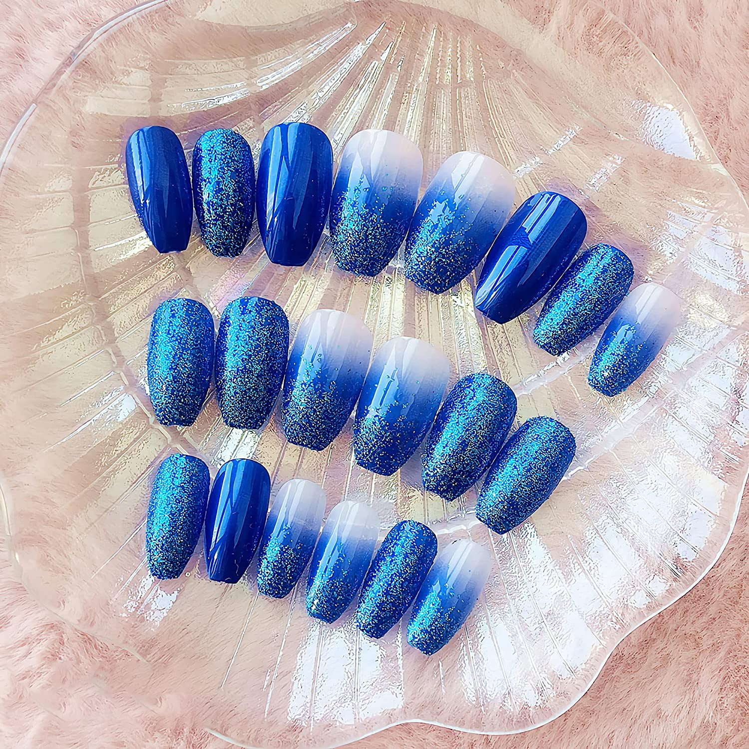 Blue Gradient Glitter Coffin Nails for Women & Girls