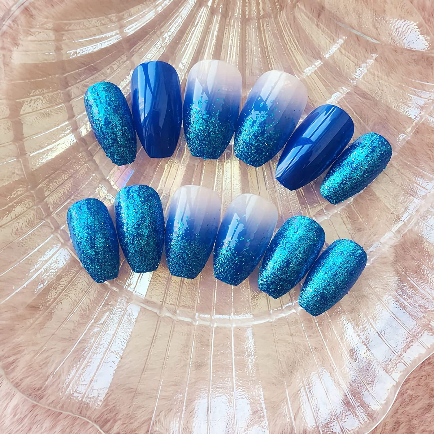 Blue Gradient Glitter Coffin Nails for Women & Girls