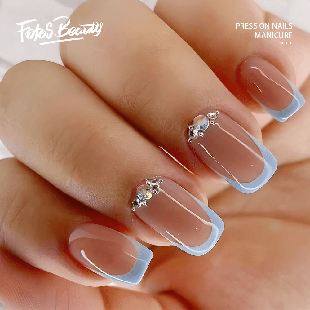 Fofosbeauty 24pcs Long Coffin Fake Nails, Blue Diamond