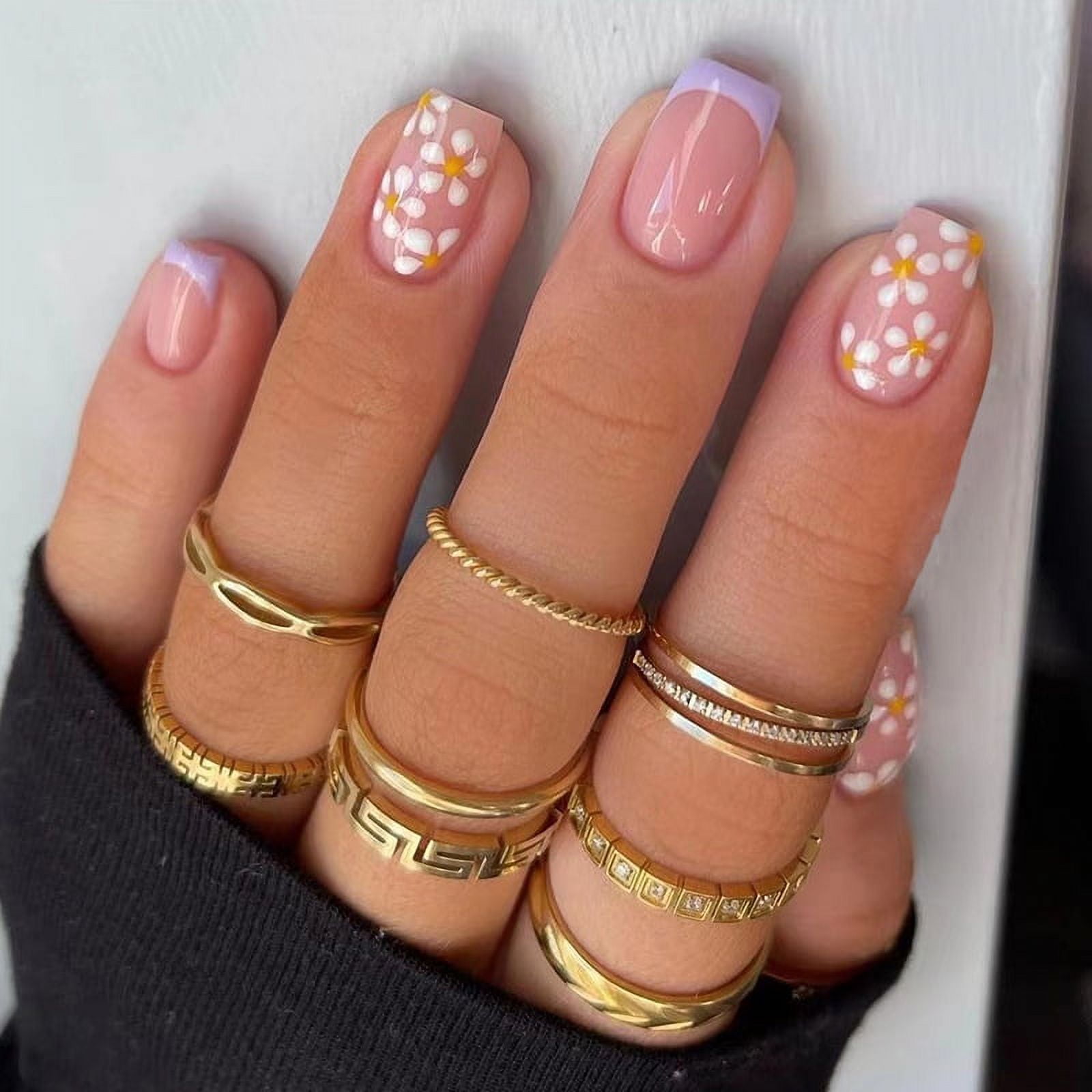 Light Purple French Daisy Press-on Short Square Fake Nails