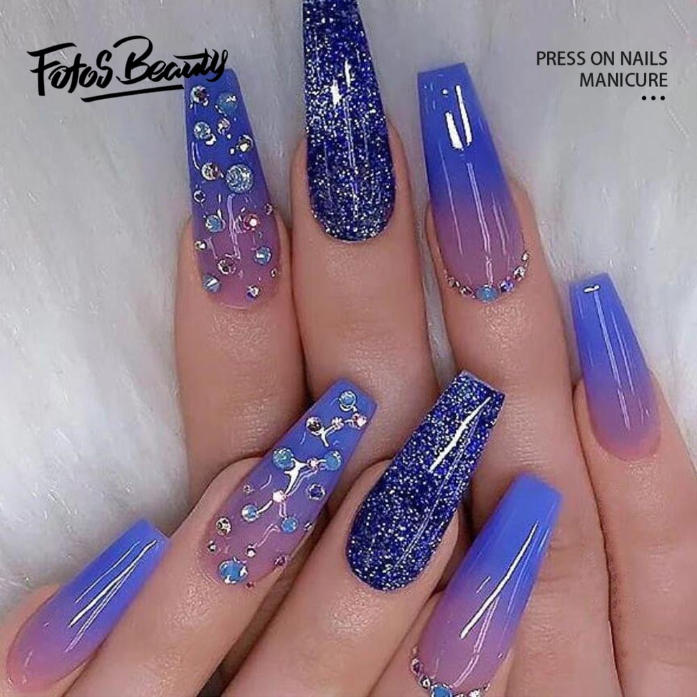 Fofosbeauty Sparkle Blue Coffin False Nails 24pcs