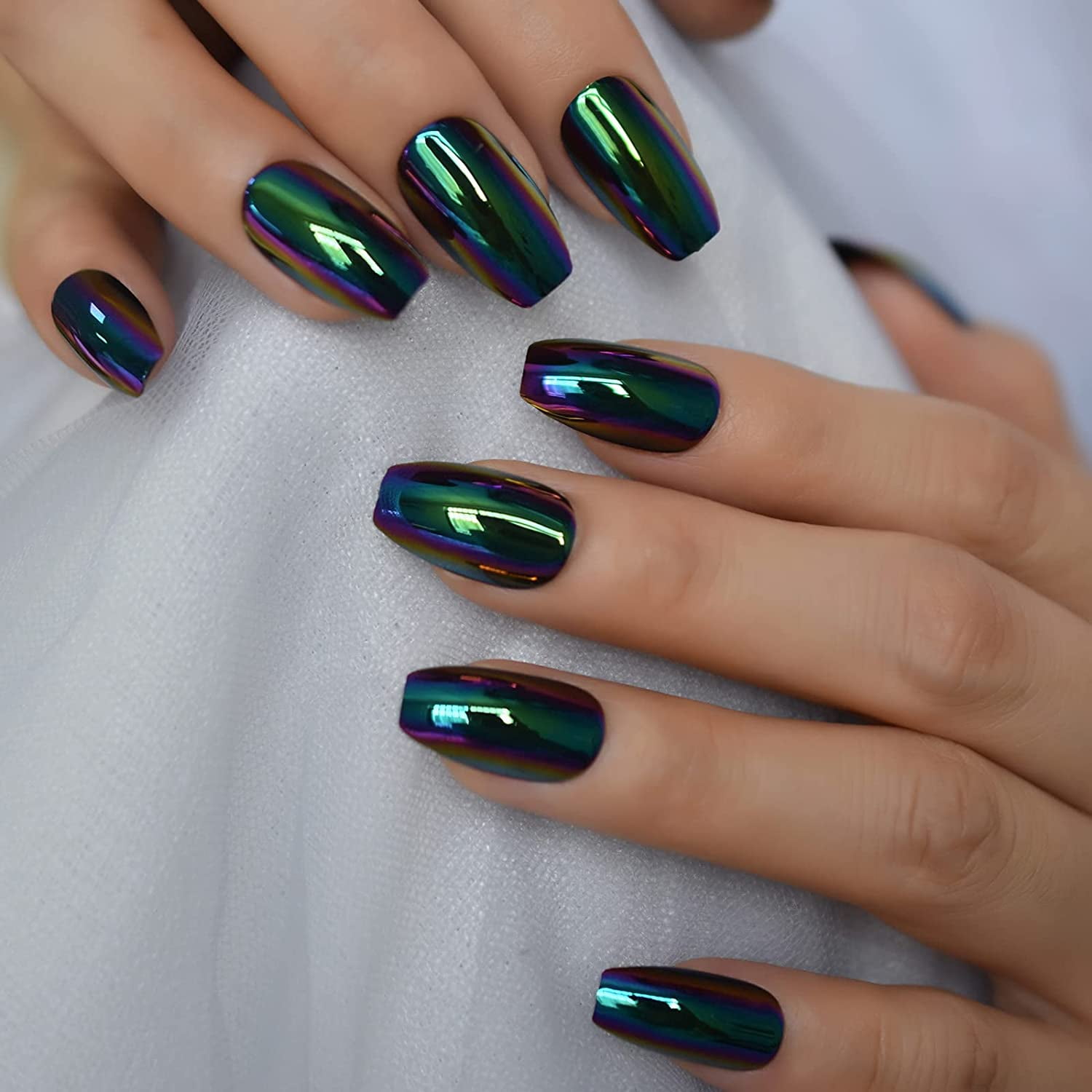 Chrome Mirror Medium Coffin False Nails 24 PC Kit