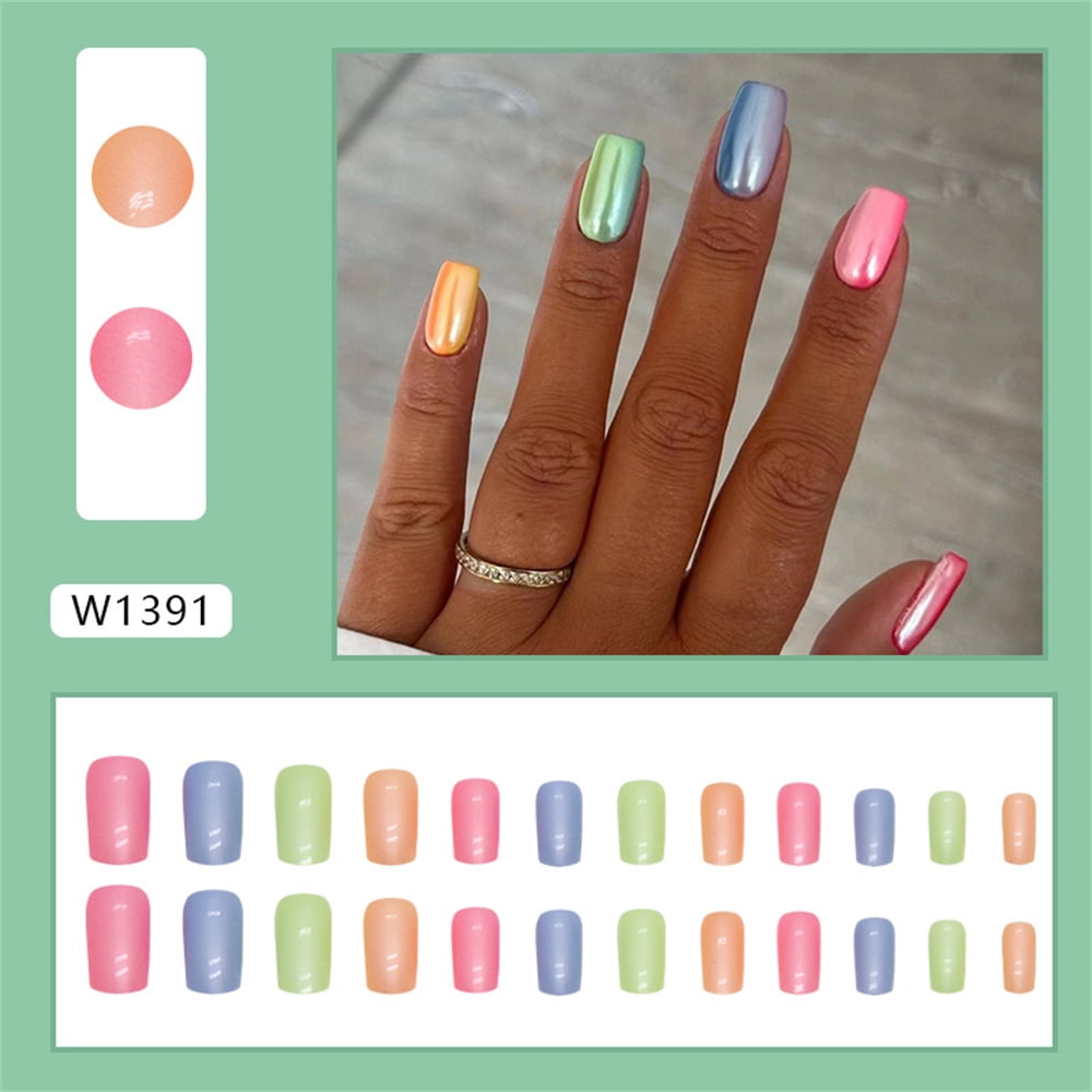 24pcs Rainbow Aurora Coffin Fake Acrylic False Nails